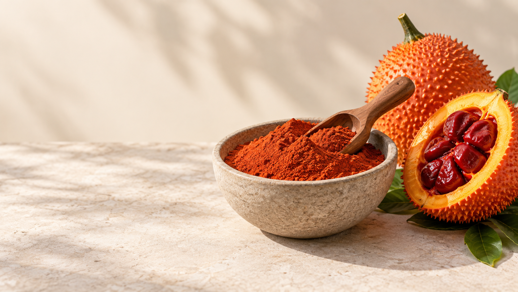 Gac powder in a bowl beside a cut gac fruit
